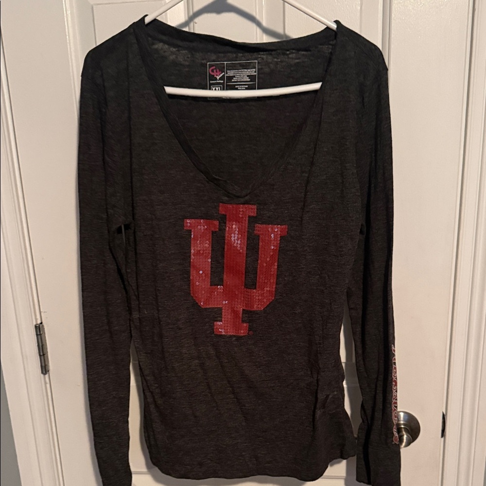 IU Women’s Black Long-Sleeve V-Neck Tee with Red Logo